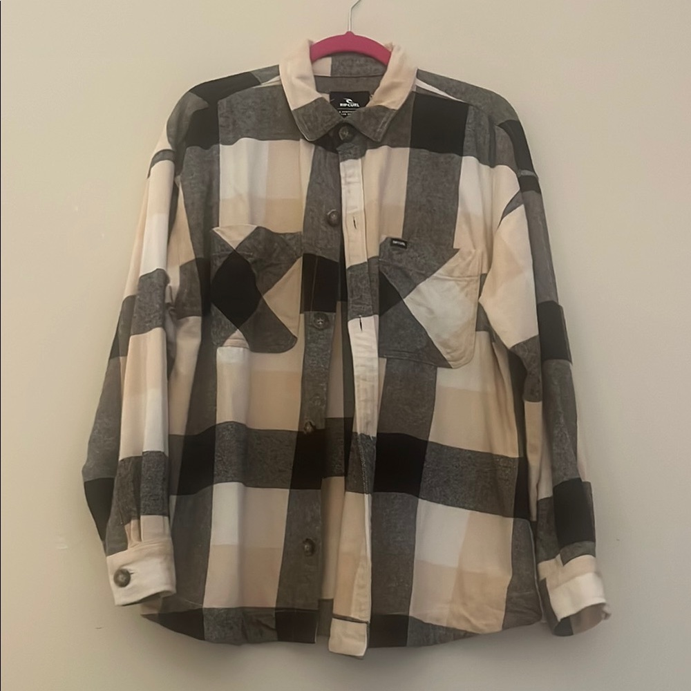 Rip Curl Flannel Black and Cream Plaid Shirt, Men’s Medium Oversized